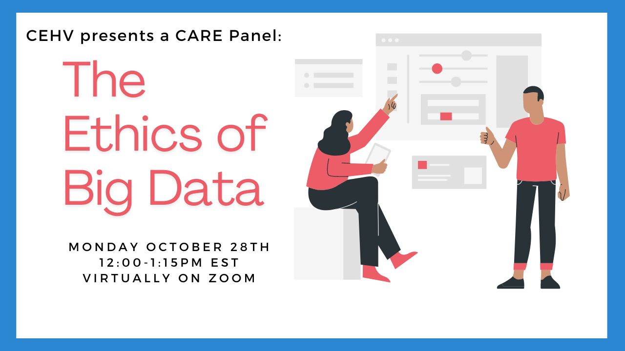 title and date of event with graphic of two researchers looking at a board with graphs on it