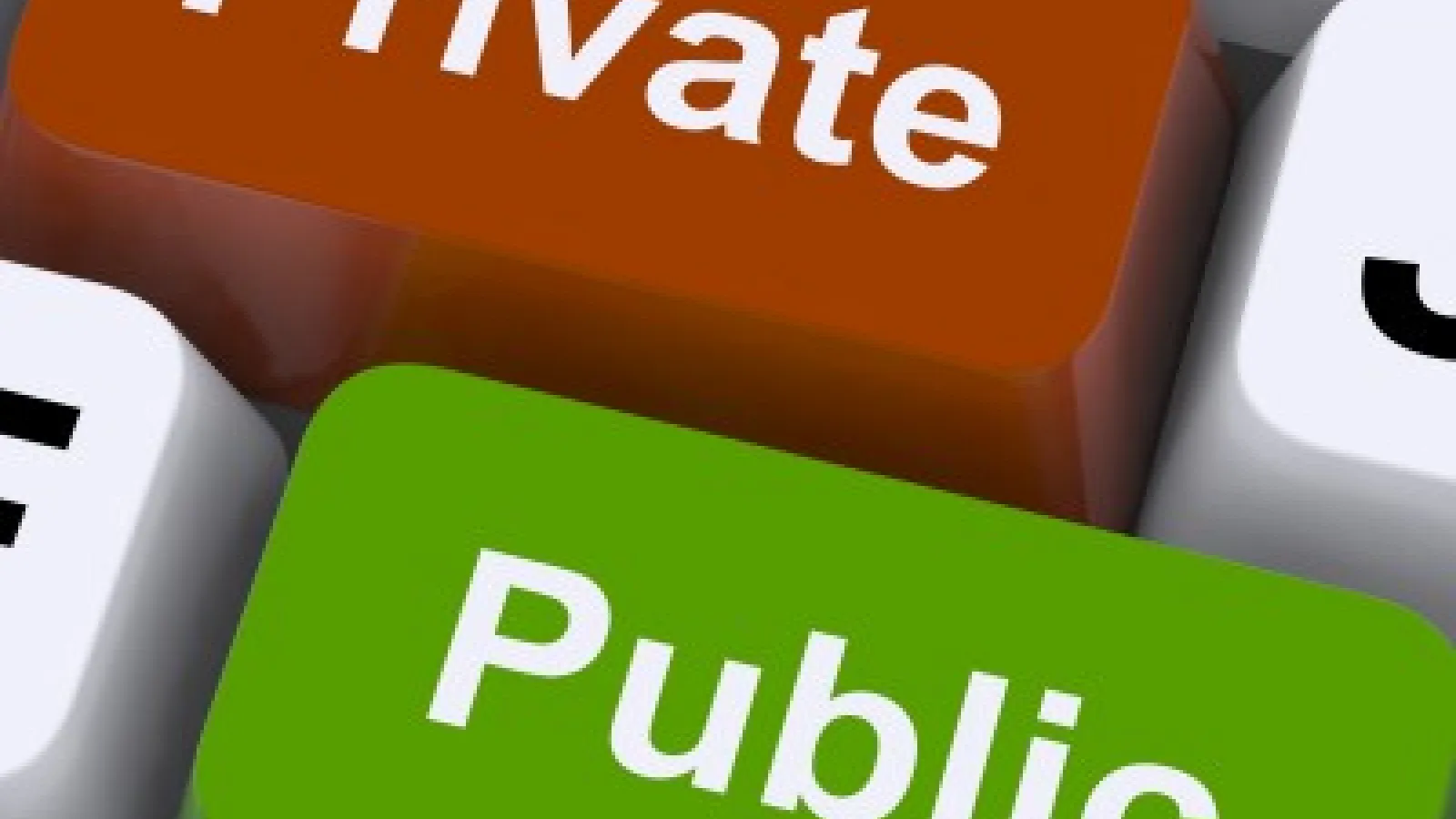 a depiction of two keys on a computer keyboard; one says "private," the other says "public"