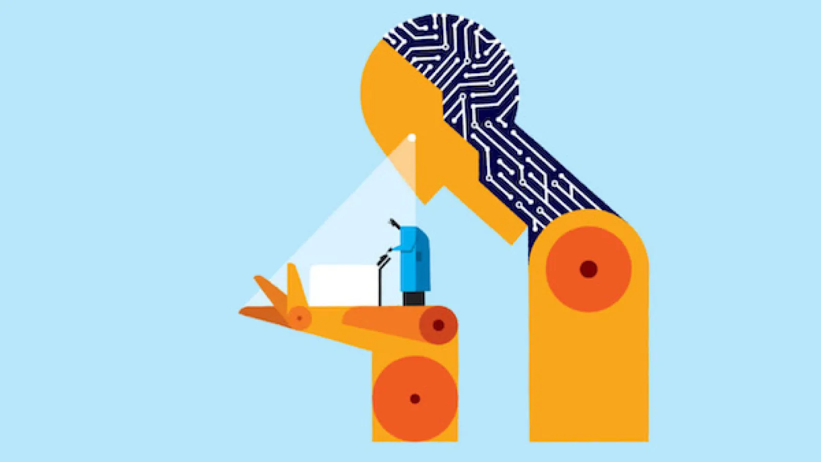 illustration of robot holding human, illuminating humans work
