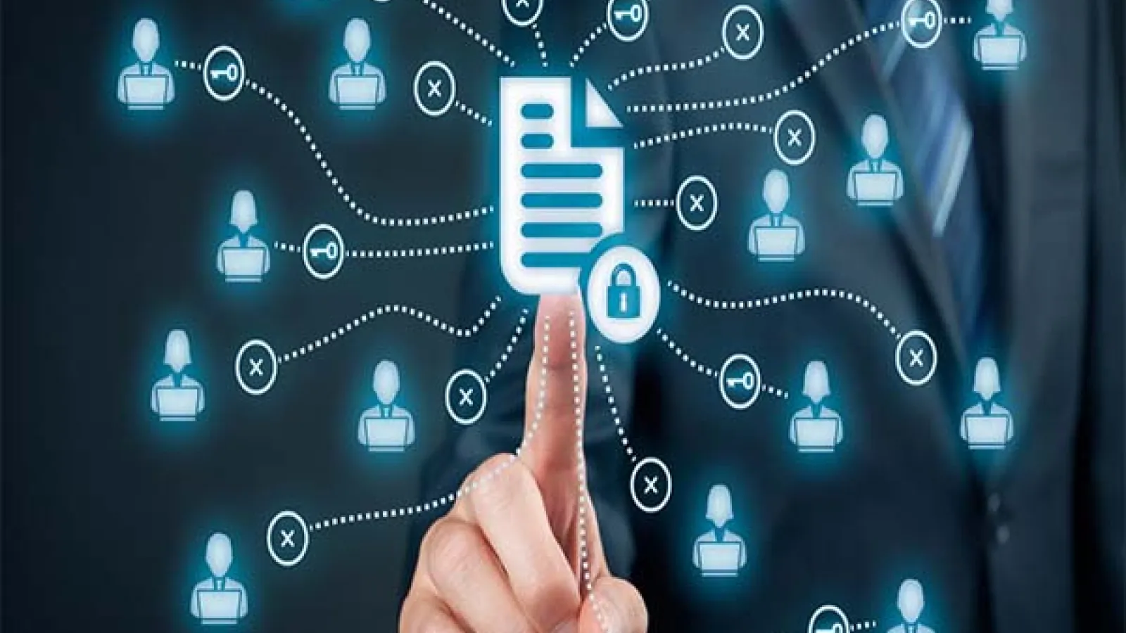 Finger touching a document-icon connected by dotted lines to people-icons representing data connected to many individuals
