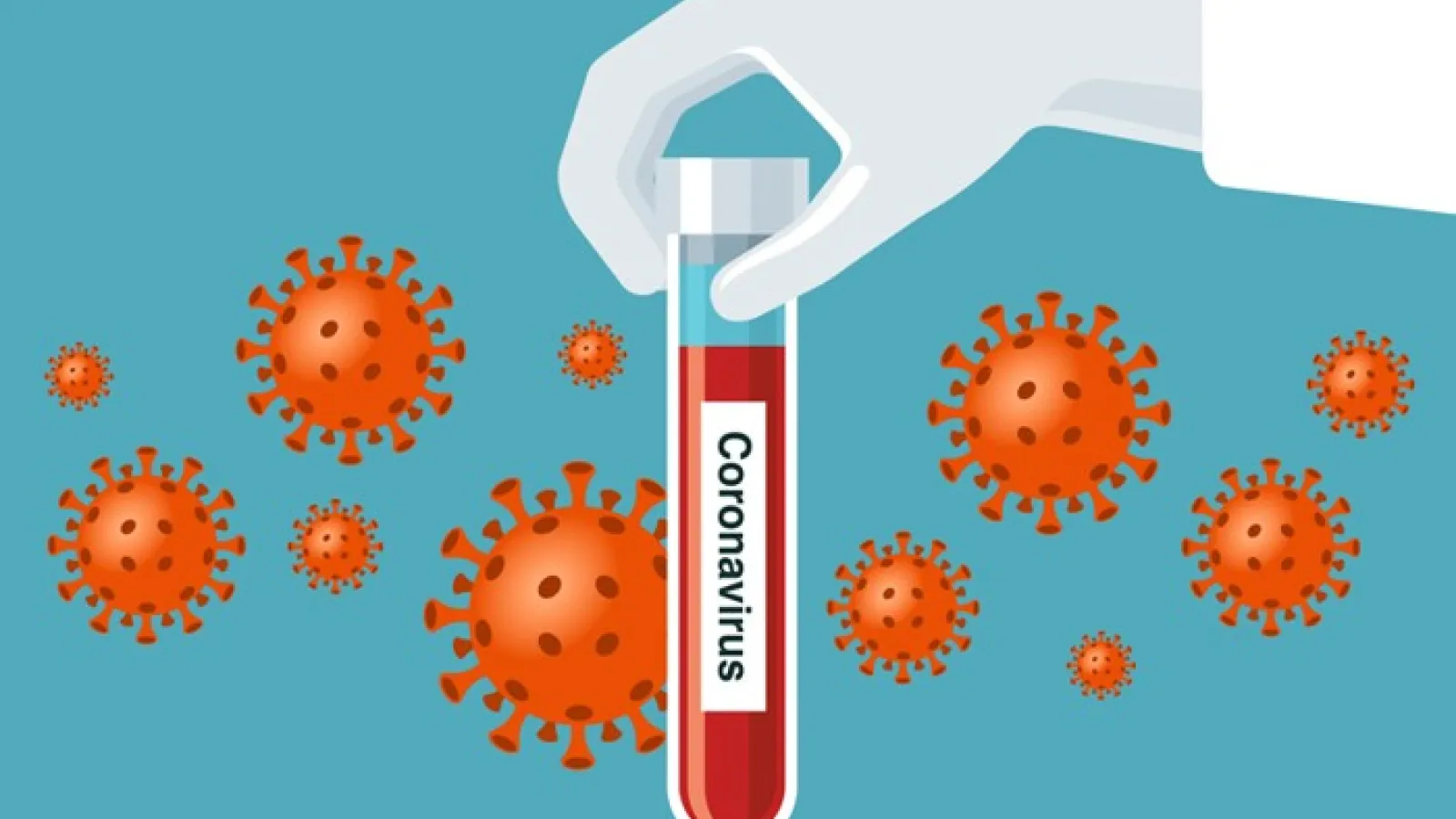 A hand holding a vile labeled "coronavirus" with a background of an illustration of a virus