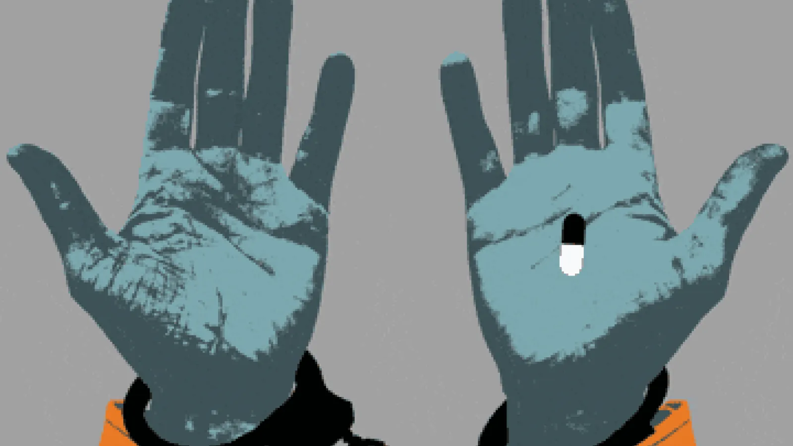 handcuffed hands outstretched holding a pill 