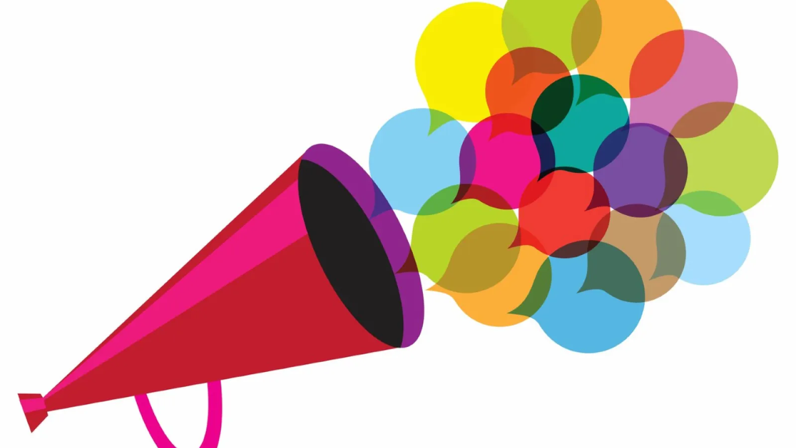Image of illustrated megaphone with multiple speech bubbles coming out of it's opening