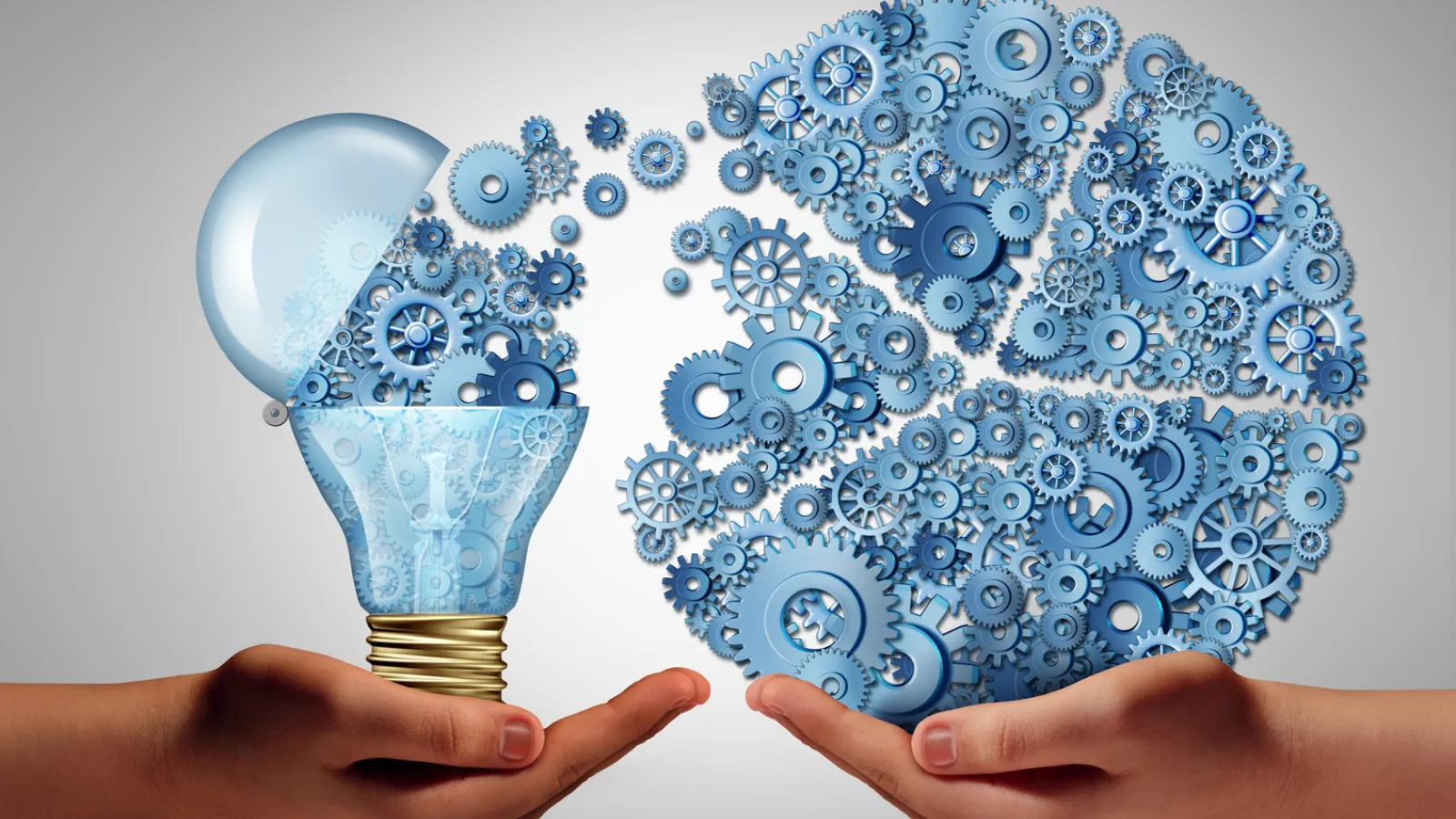 Two hands with palms facing up. One hand holds illustration of lightbulb with gears coming out of it. These gears are connected to many more gears being held in the other hand. 