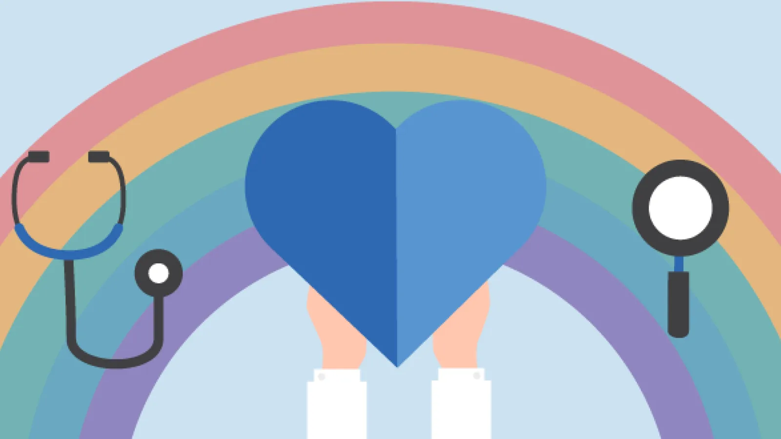 rainbow with a blue heart, a stethoscope, and a magnifying glass