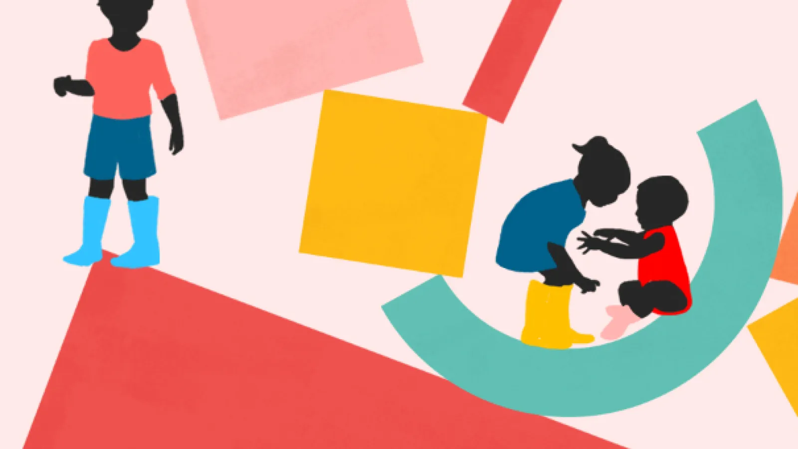 silhouettes of children among background of brightly colored shapes