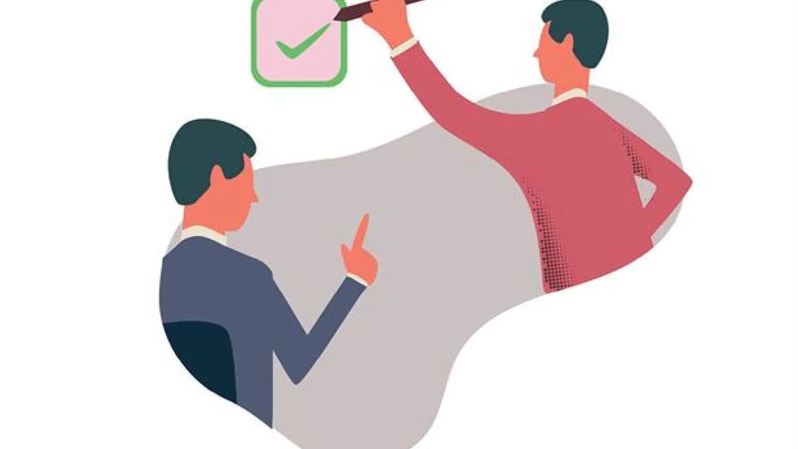 cartoon man facing another cartoon man who checks a box