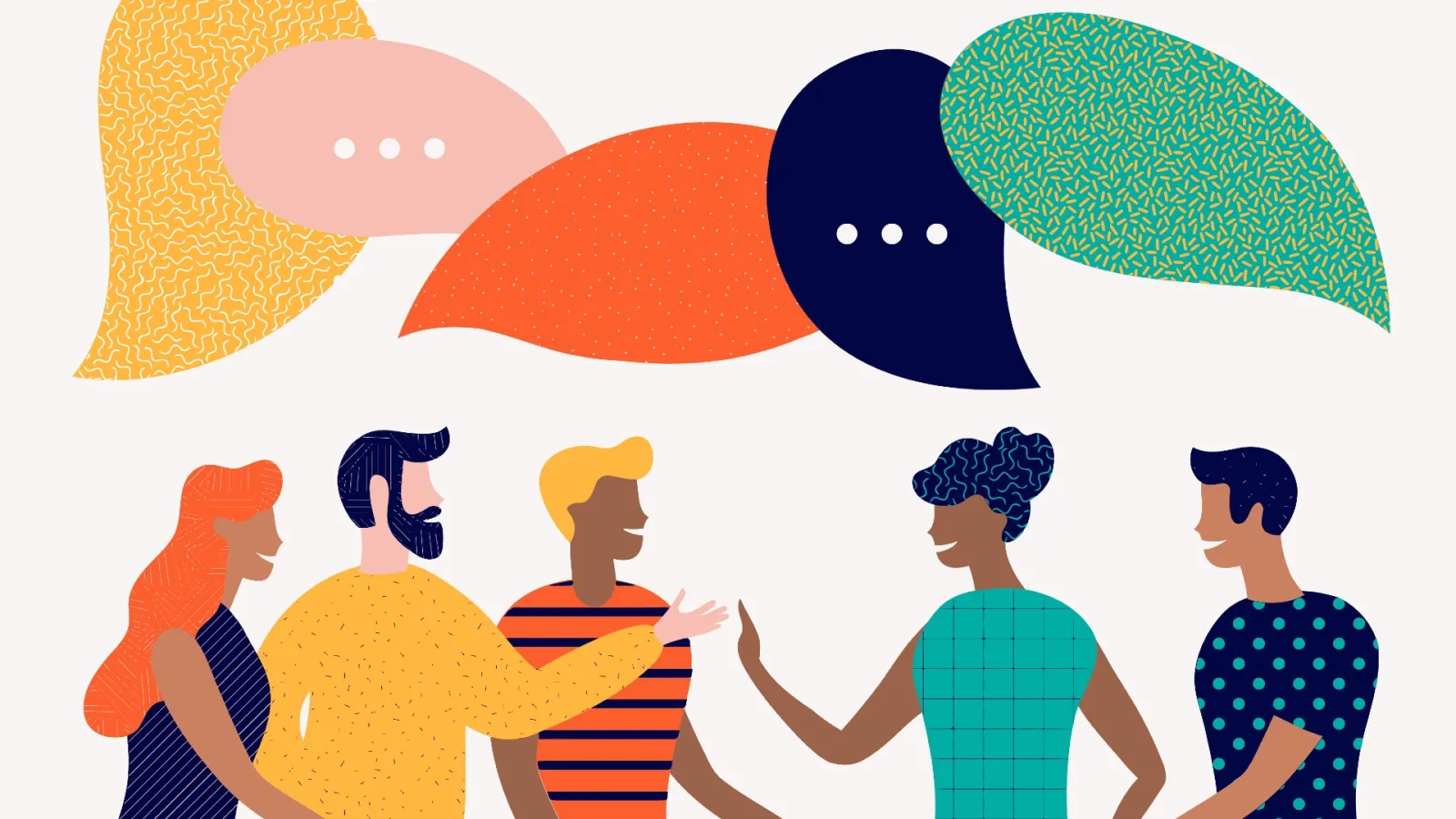 five people with speech bubbles above them 