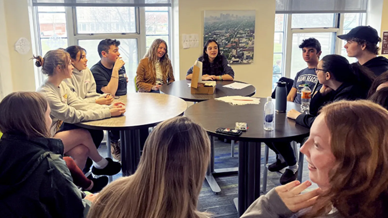 Civil Discourse Graduate Assistant Jamie Herman and Civil Discourse Undergraduate Assistant Allison Saghir facilitate dialogue at Siebert Residence Hall