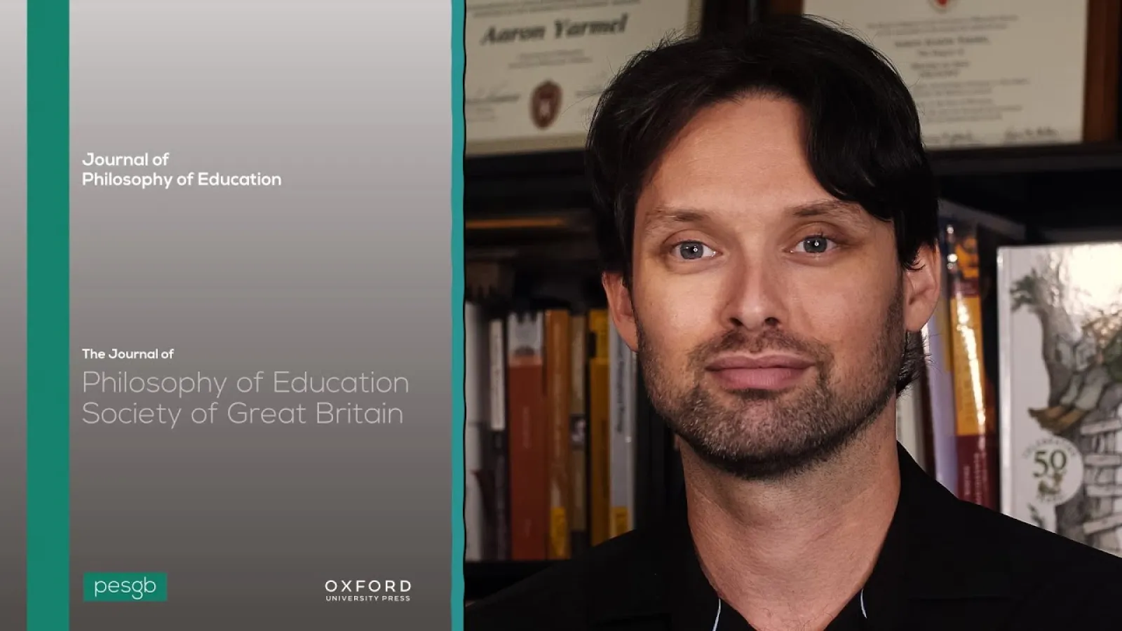 Aaron Yarmel's head next to a picture of the Journal of Philosophy of Education