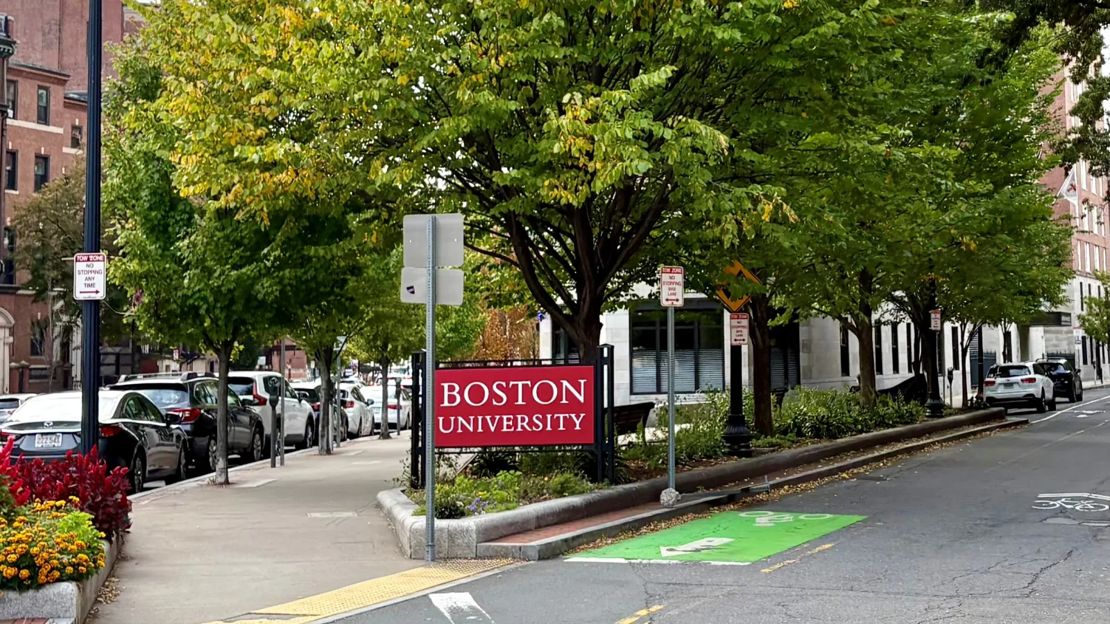 Photo of Boston University sign on street corner