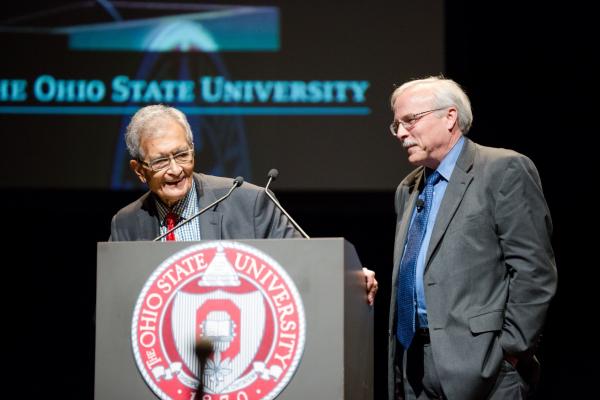 Amartya Sen and Don Hubin Amartya Sen at podium before inaugural CEHV lecture