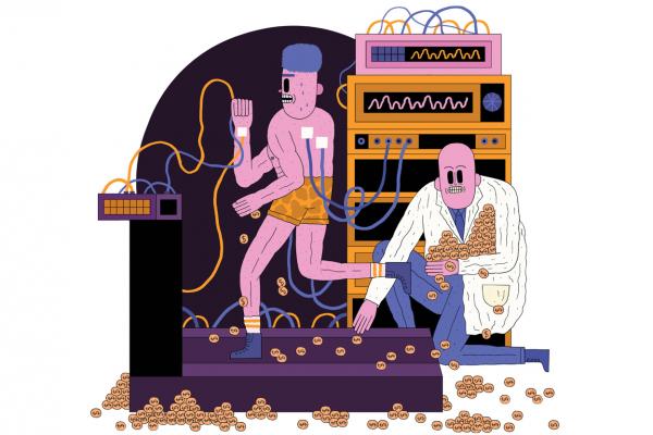 Illustration of man running on treadmill while researcher collects gold coins. Credit to John Malto.