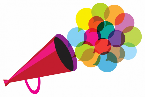 Image of illustrated megaphone with multiple speech bubbles coming out of it's opening