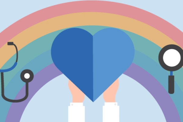 rainbow with a blue heart, a stethoscope, and a magnifying glass