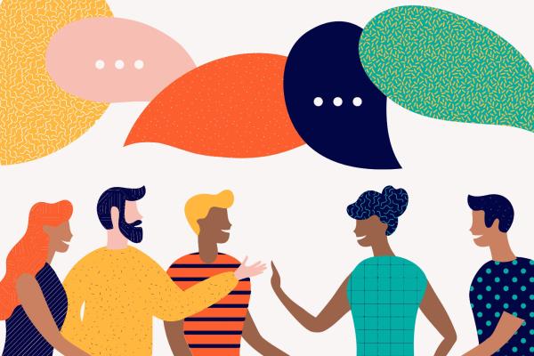 five people with speech bubbles above them