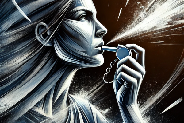 An image of a woman blowing a whistle
