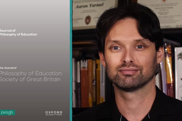 Aaron Yarmel's head next to a picture of the Journal of Philosophy of Education