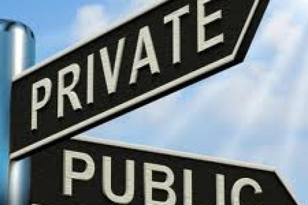 an image of a street sign depicting an intersection between "private" street and "public" street